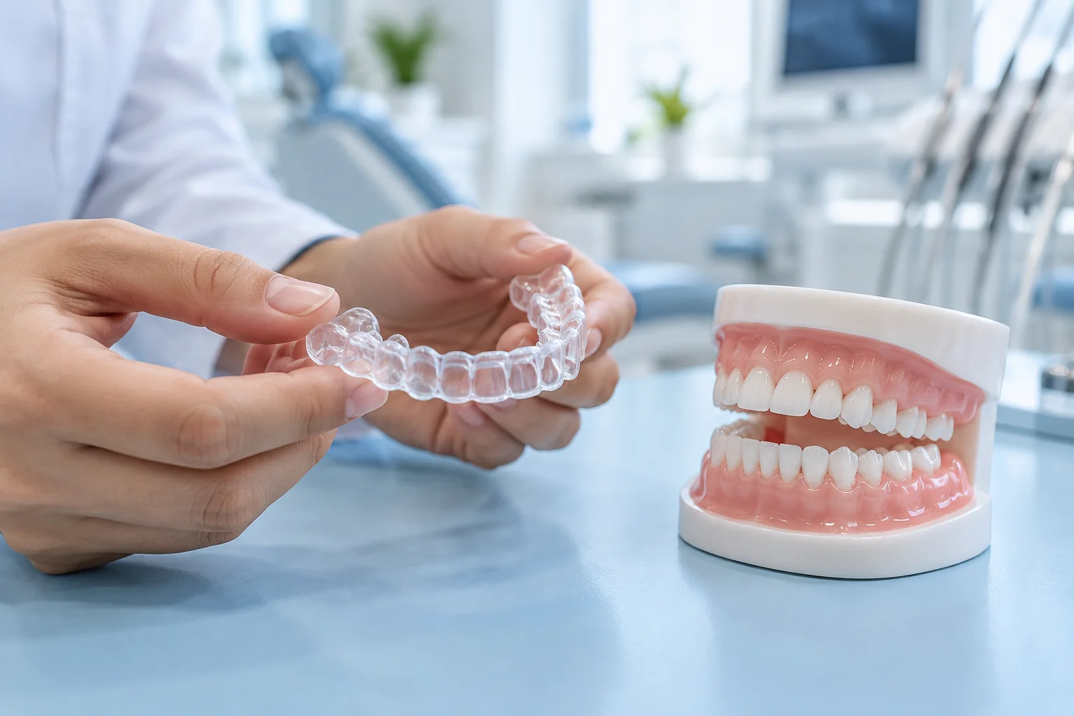 Hands holding a clear dental aligner beside a dental model on a clinic counter.
