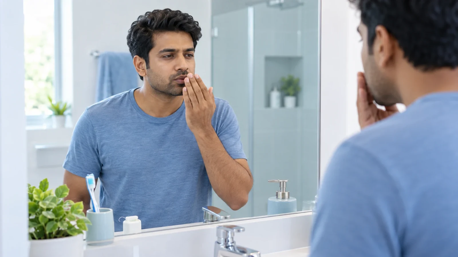 A man checking his breath in front of a bathroom mirror.