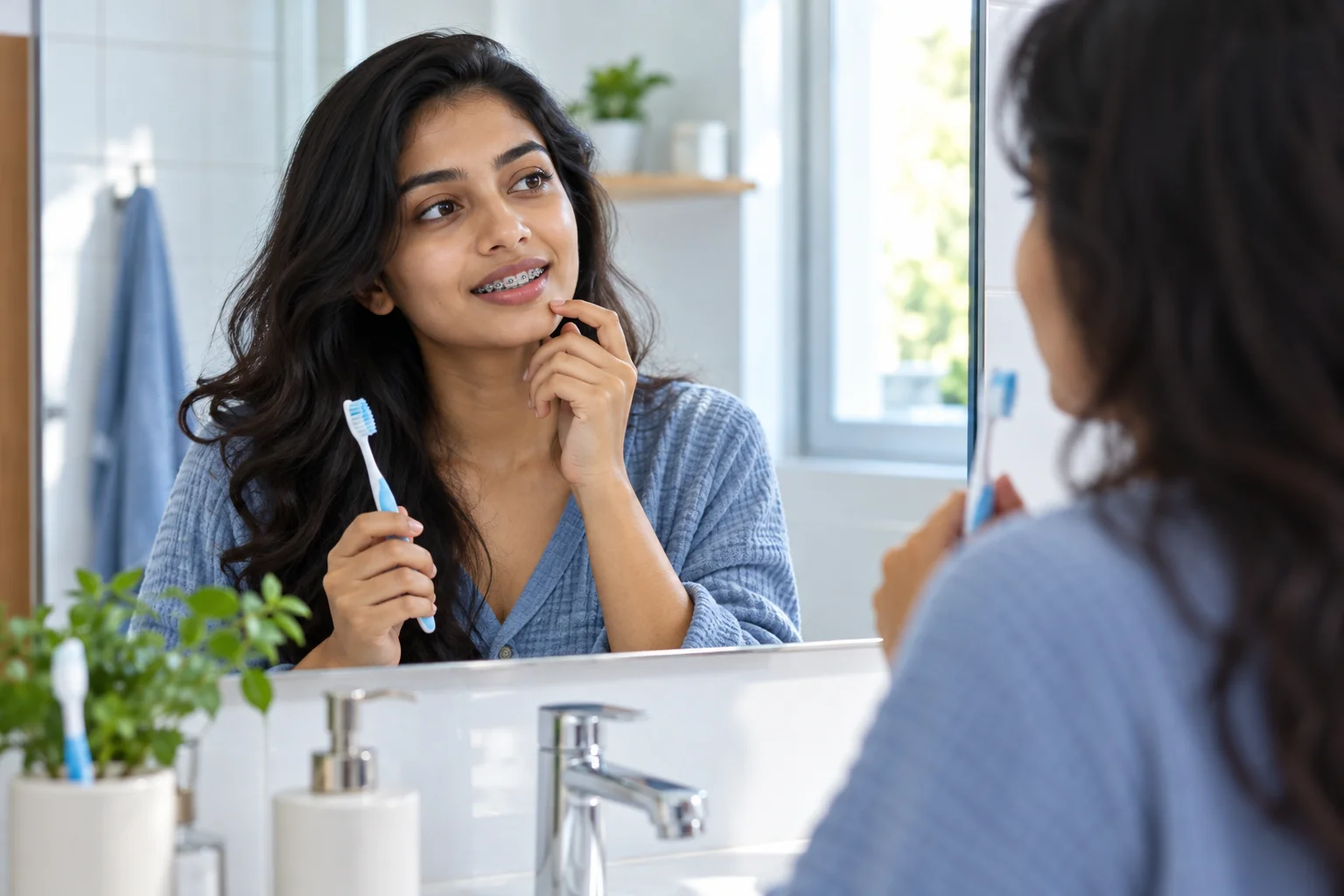 A person with braces holds a toothbrush while looking in a mirror.