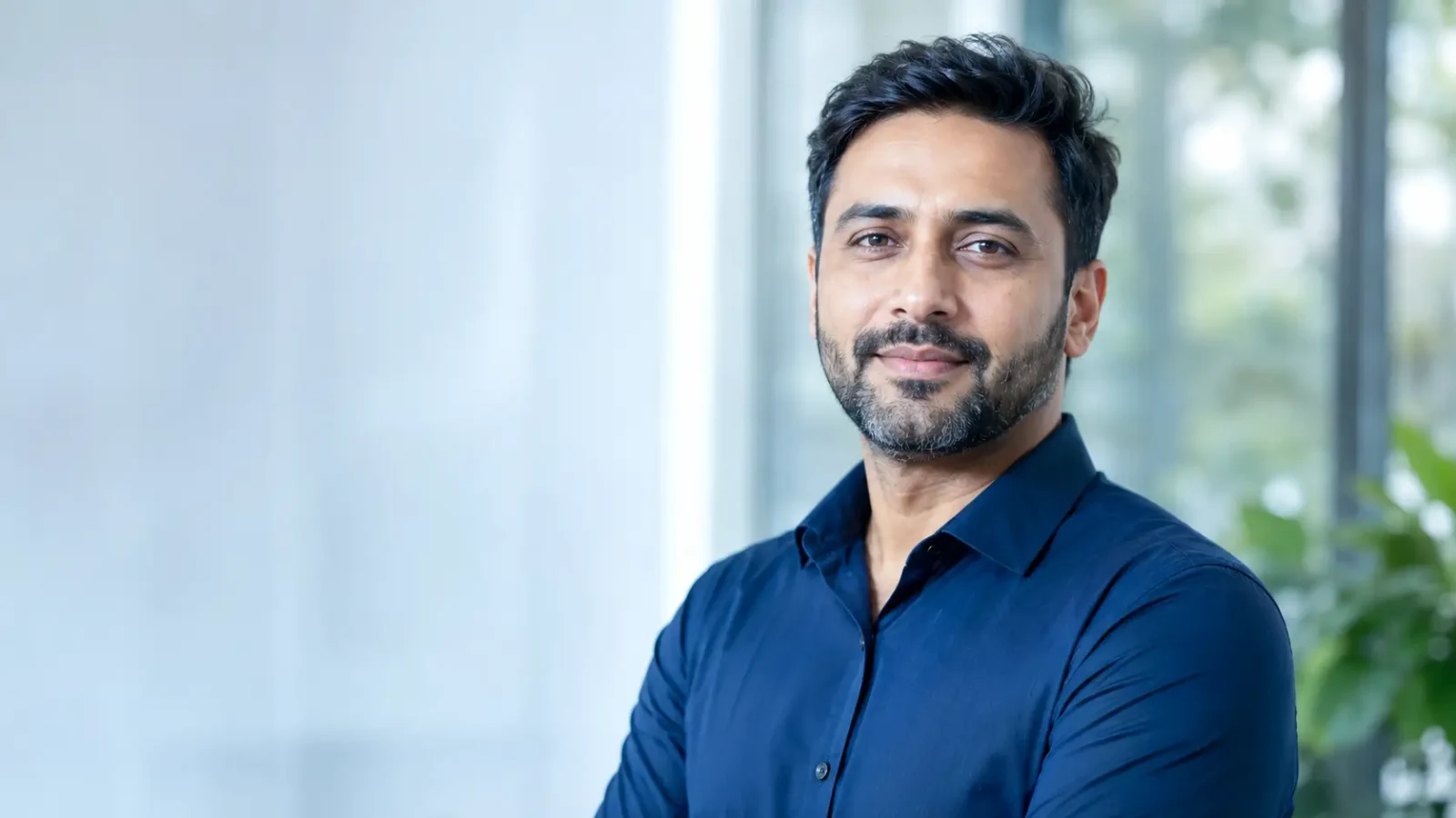 A professionally dressed man in a navy shirt with a calm closed-lip smile in a bright office.