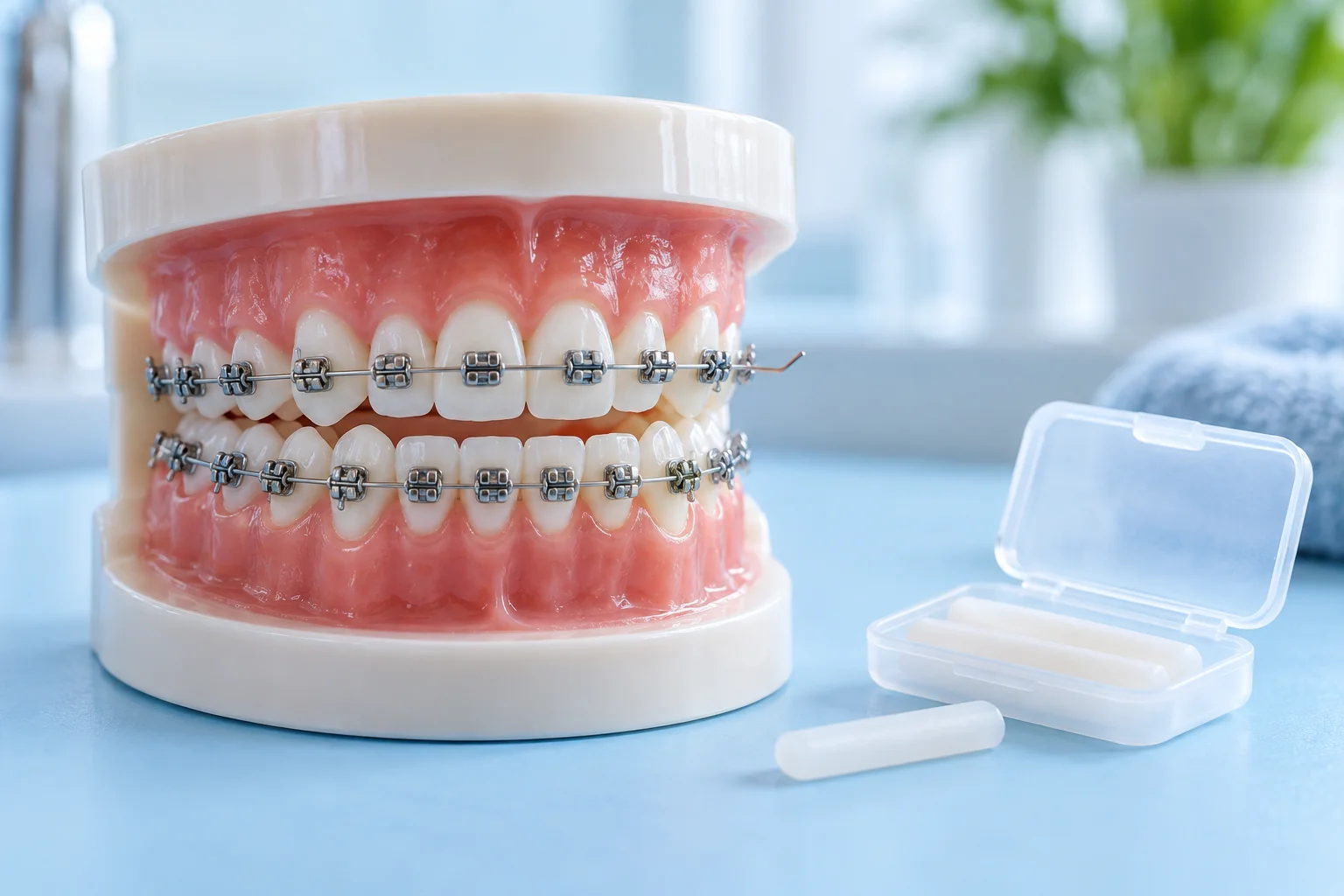 A dental model with metal braces and a protruding wire beside orthodontic wax.