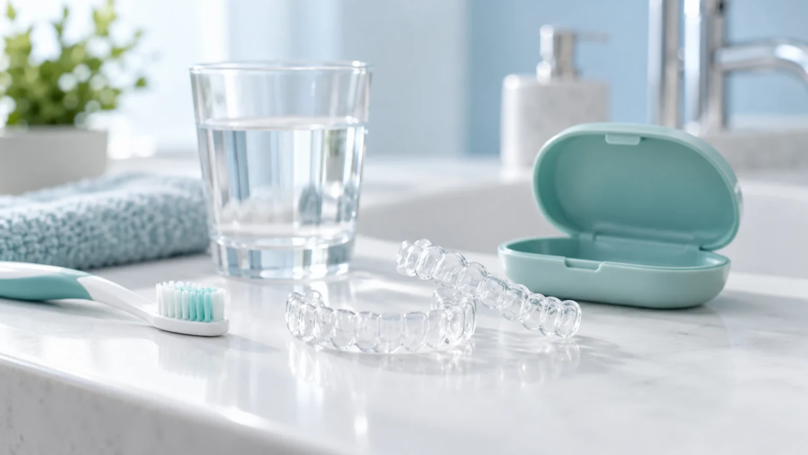 Clear aligners, an open teal case, a toothbrush and a glass of water.