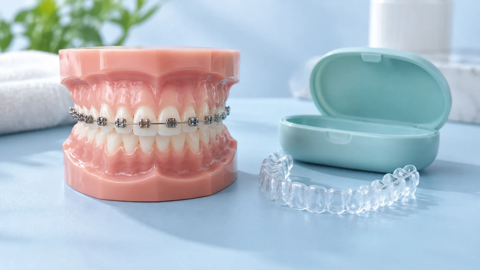 An orthodontic model with metal braces beside a clear aligner and teal case.