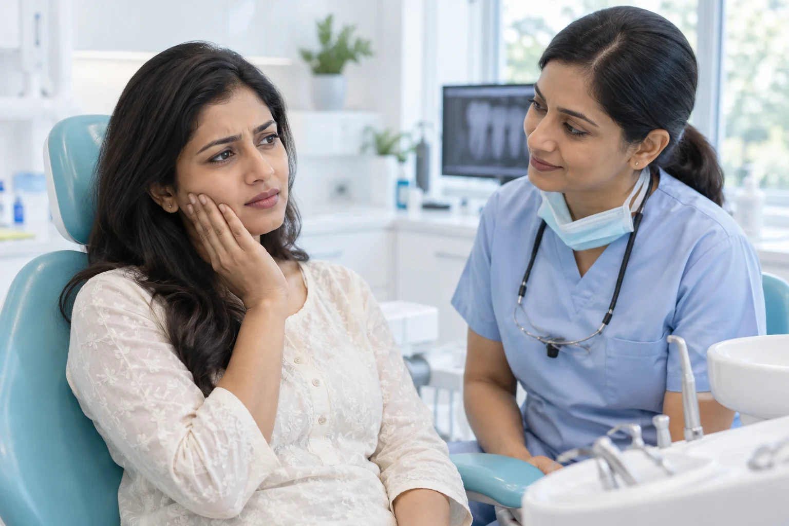 A patient holding her cheek while discussing tooth pain with a dentist.