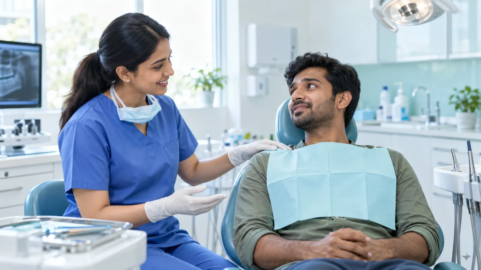 A dentist reassuring a nervous patient seated in a dental chair.