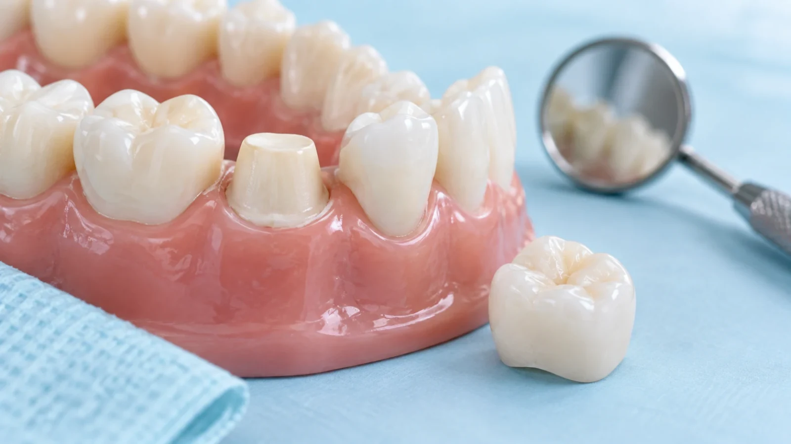 A ceramic dental crown beside a prepared tooth on a demonstration model.