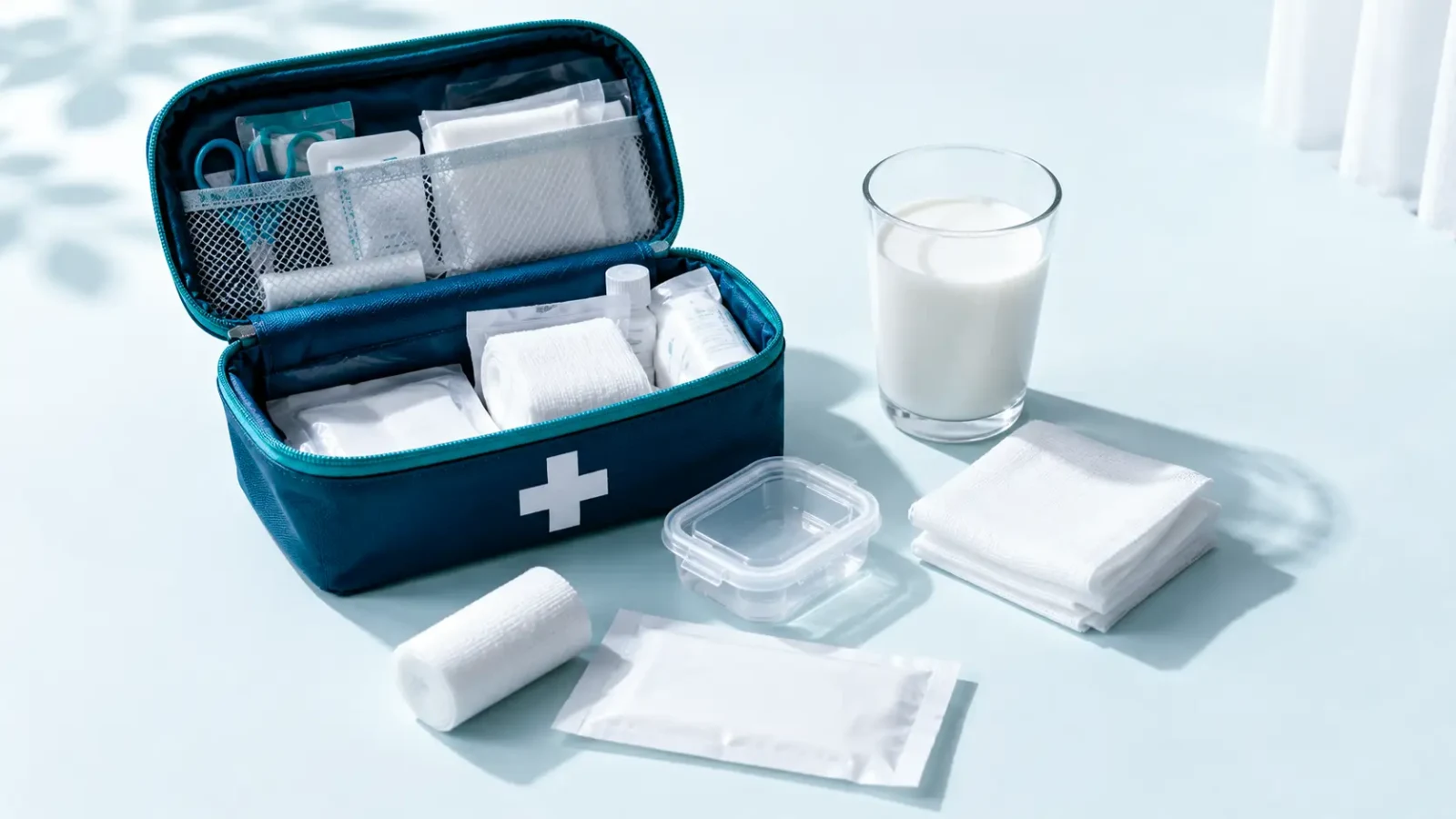 An open first aid kit with gauze, bandages, a small sealed container and a glass of milk on a pale blue surface.