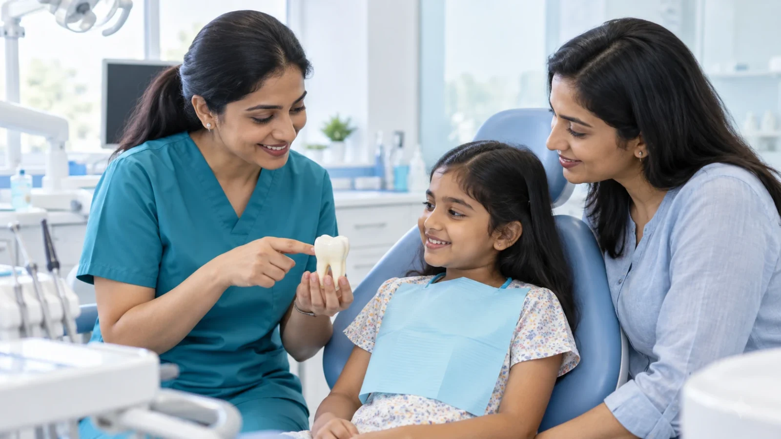 A dentist showing a tooth model to a child and parent.