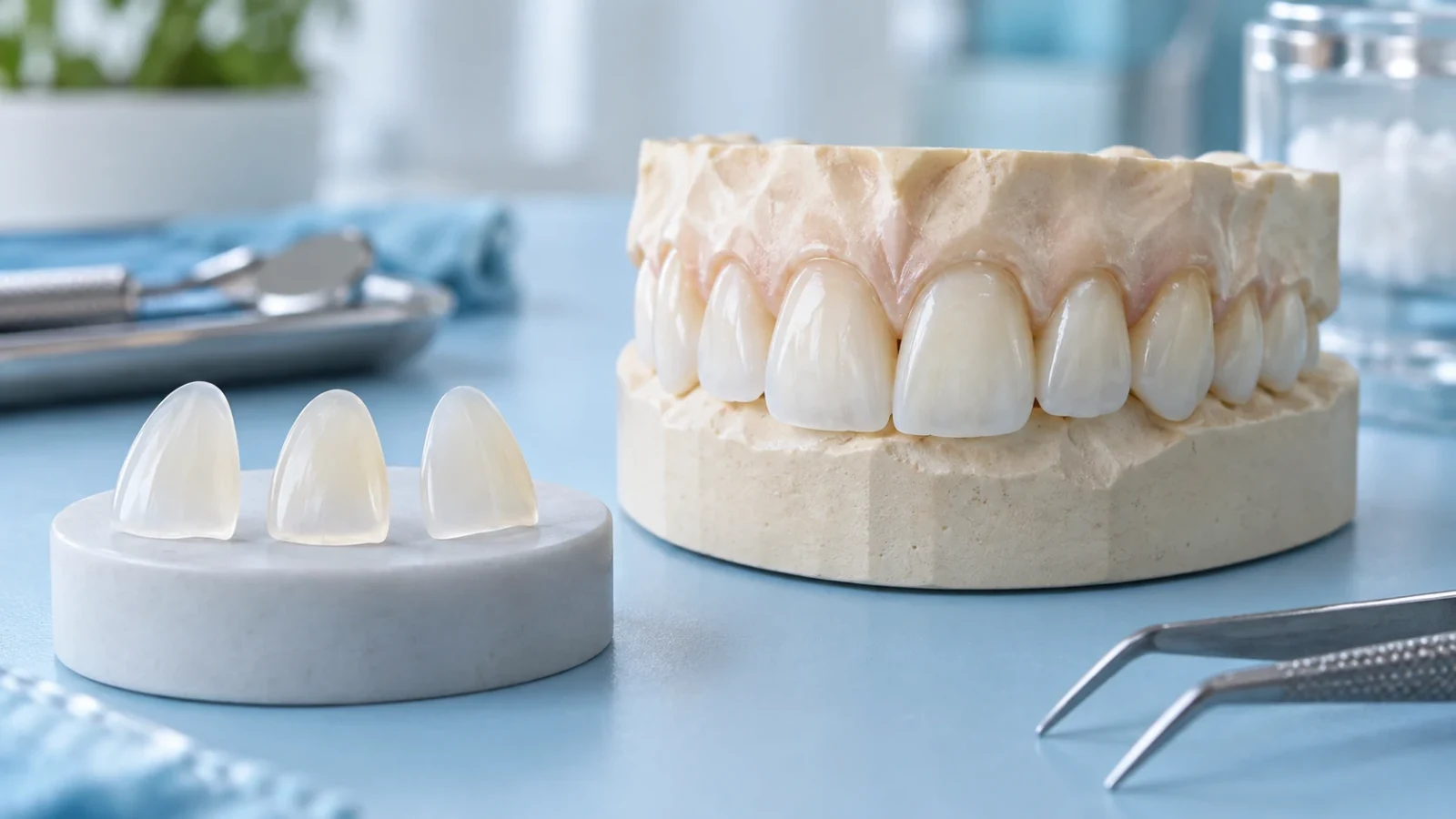 Ceramic veneer shells beside a model of upper front teeth.