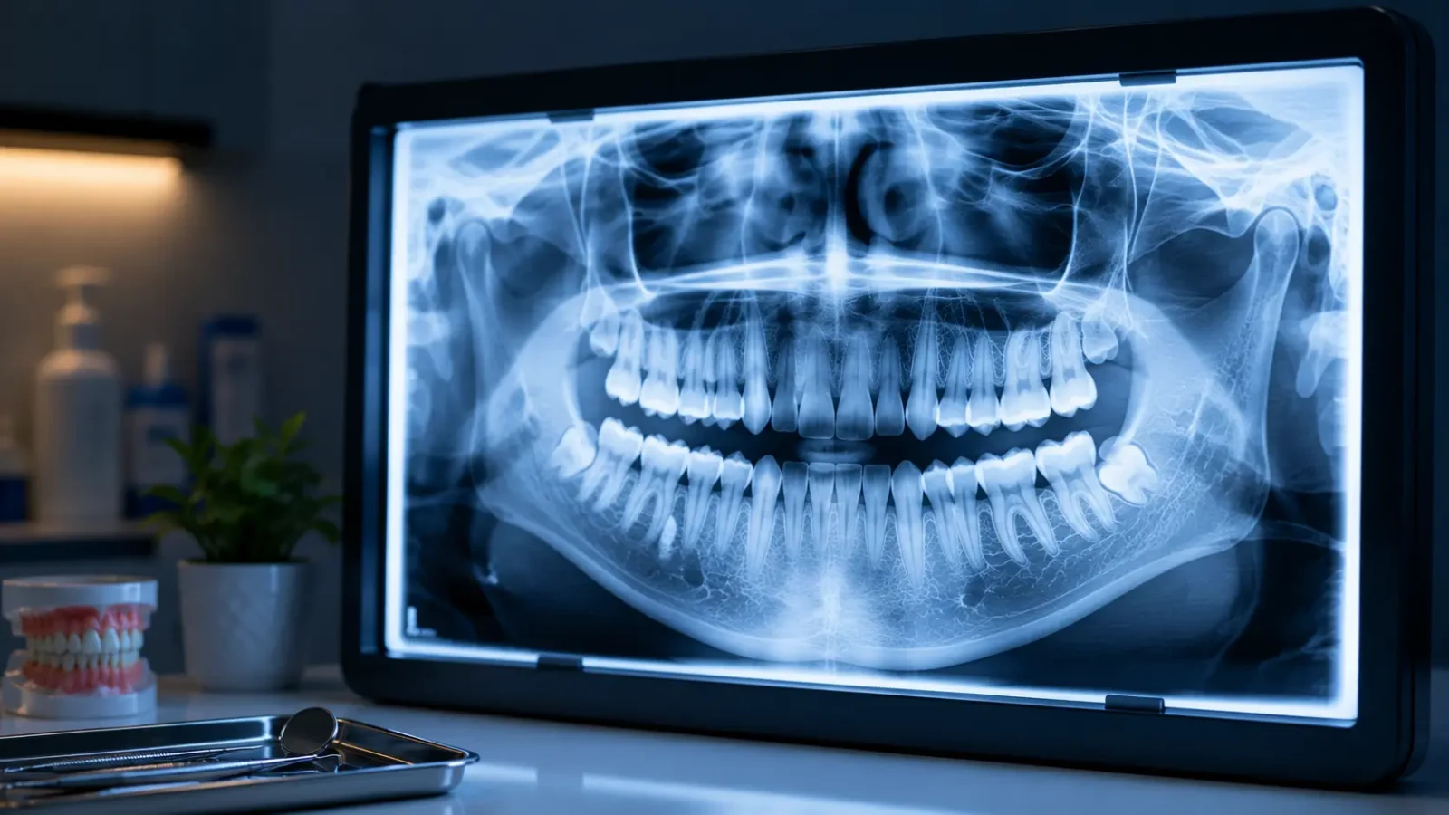 A panoramic dental X-ray of the upper and lower teeth displayed on a backlit viewer in a darkened clinic.