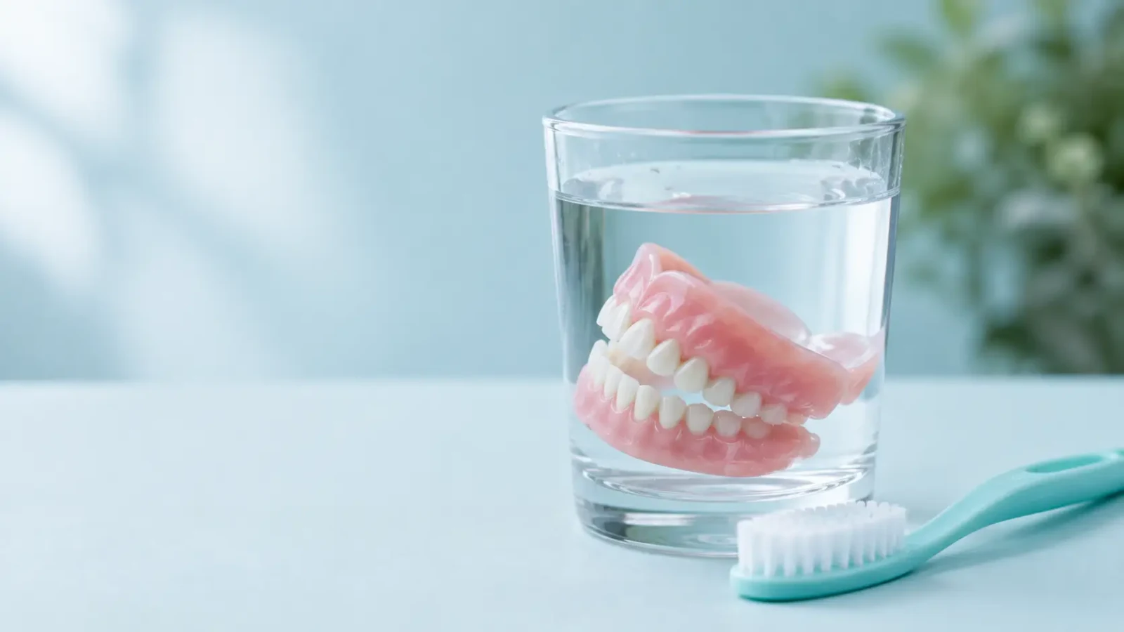 A full set of dentures resting in a glass of water beside a teal toothbrush.