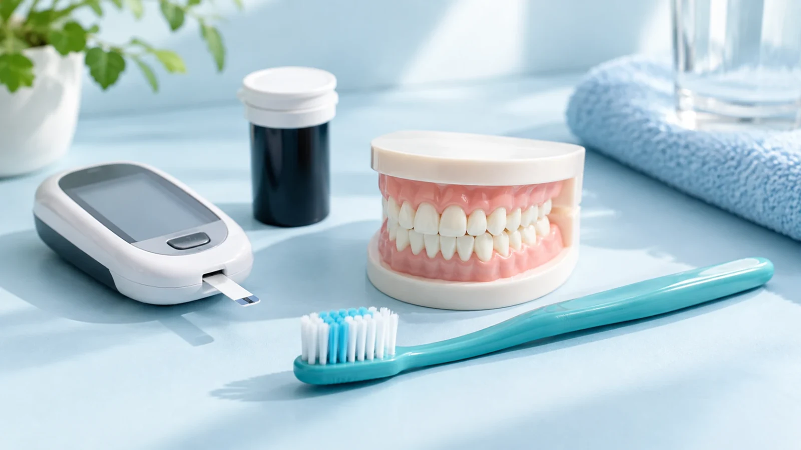A glucose meter, test-strip container, toothbrush and dental model.