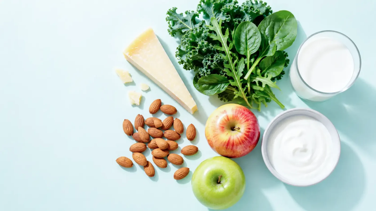 Cheese, almonds, leafy greens, apples, yoghurt and a glass of milk arranged on a pale blue background.