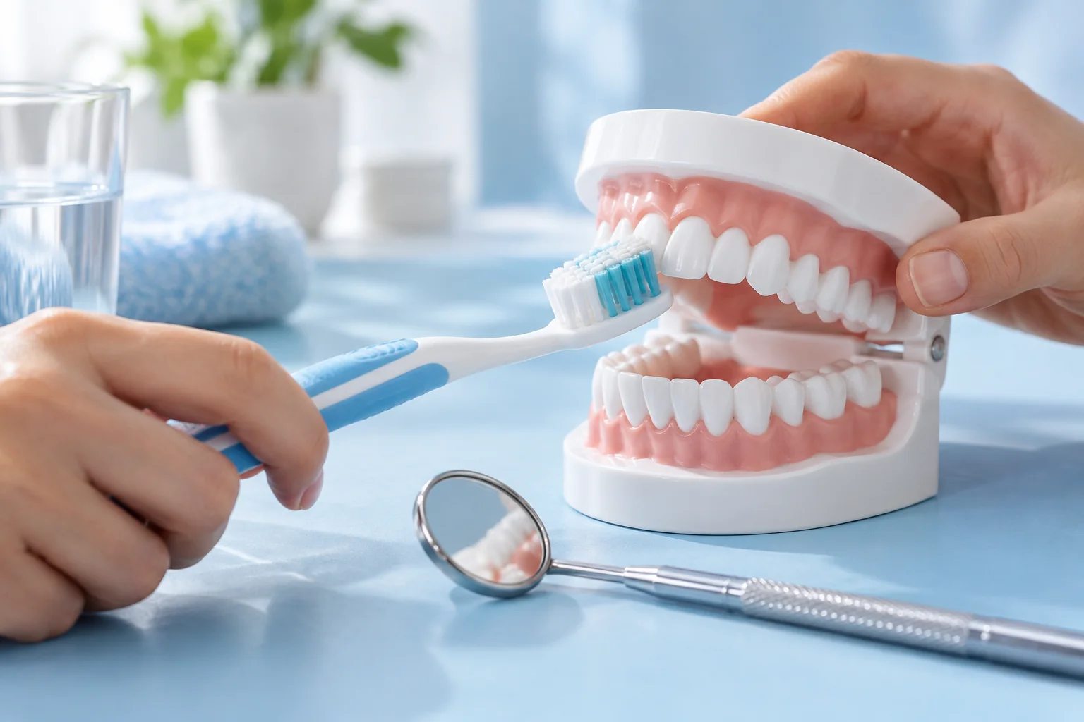 A dental model, mirror and toothbrush arranged on a pale blue surface.