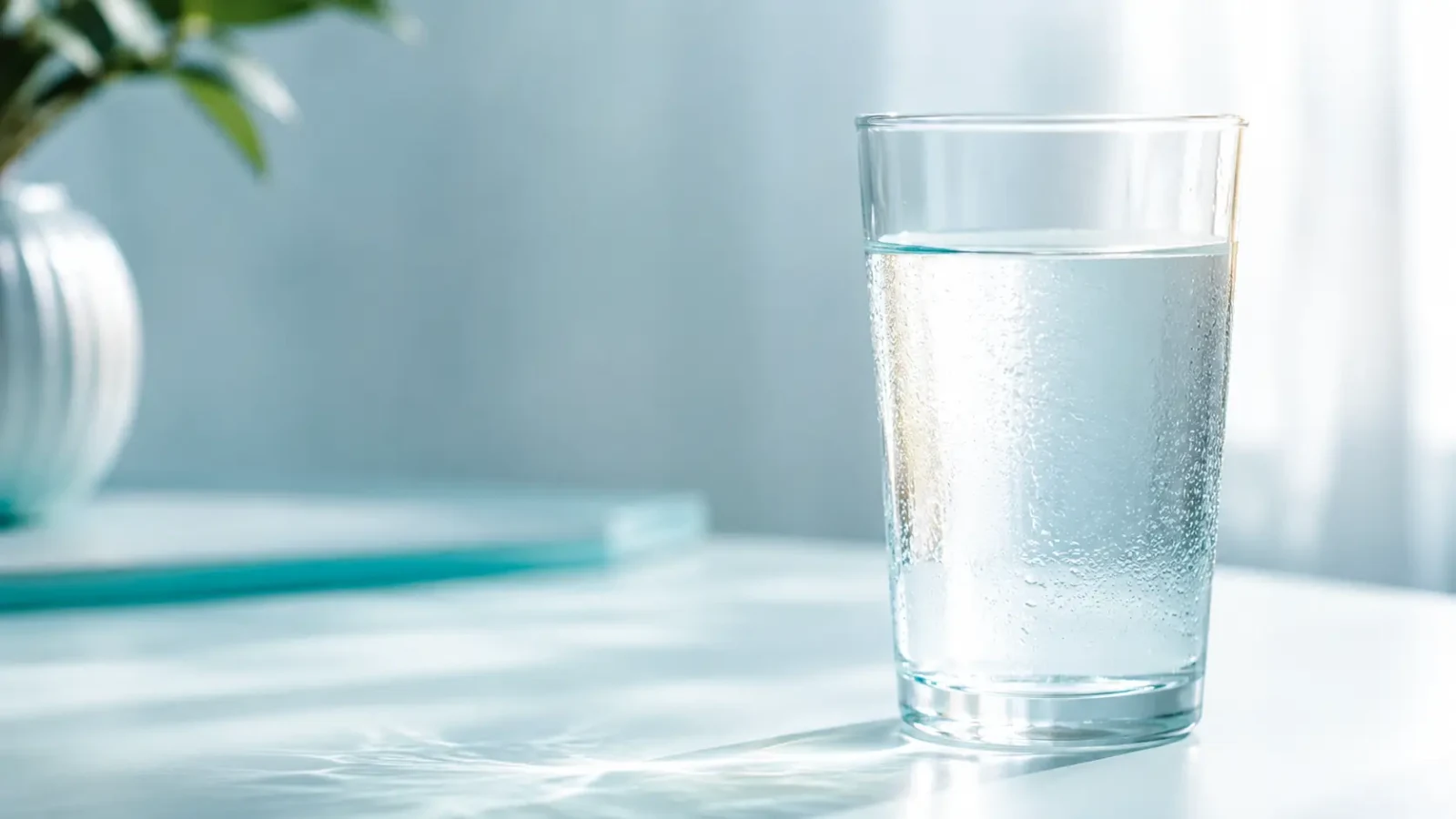 A tall glass of cold water beaded with condensation on a bright white table.