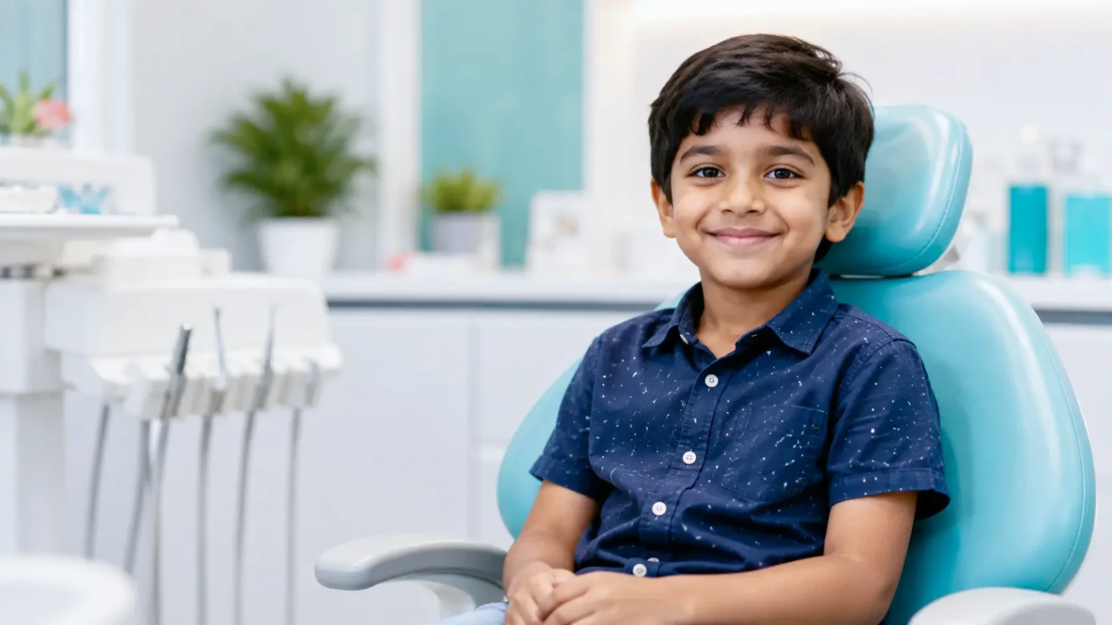 A smiling young boy sitting in a teal dental chair in a bright modern clinic.