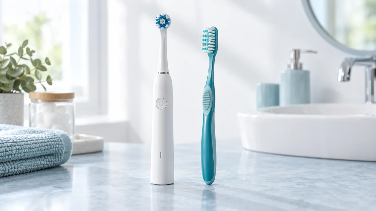 An electric toothbrush and a teal manual toothbrush on a pale blue bathroom counter.