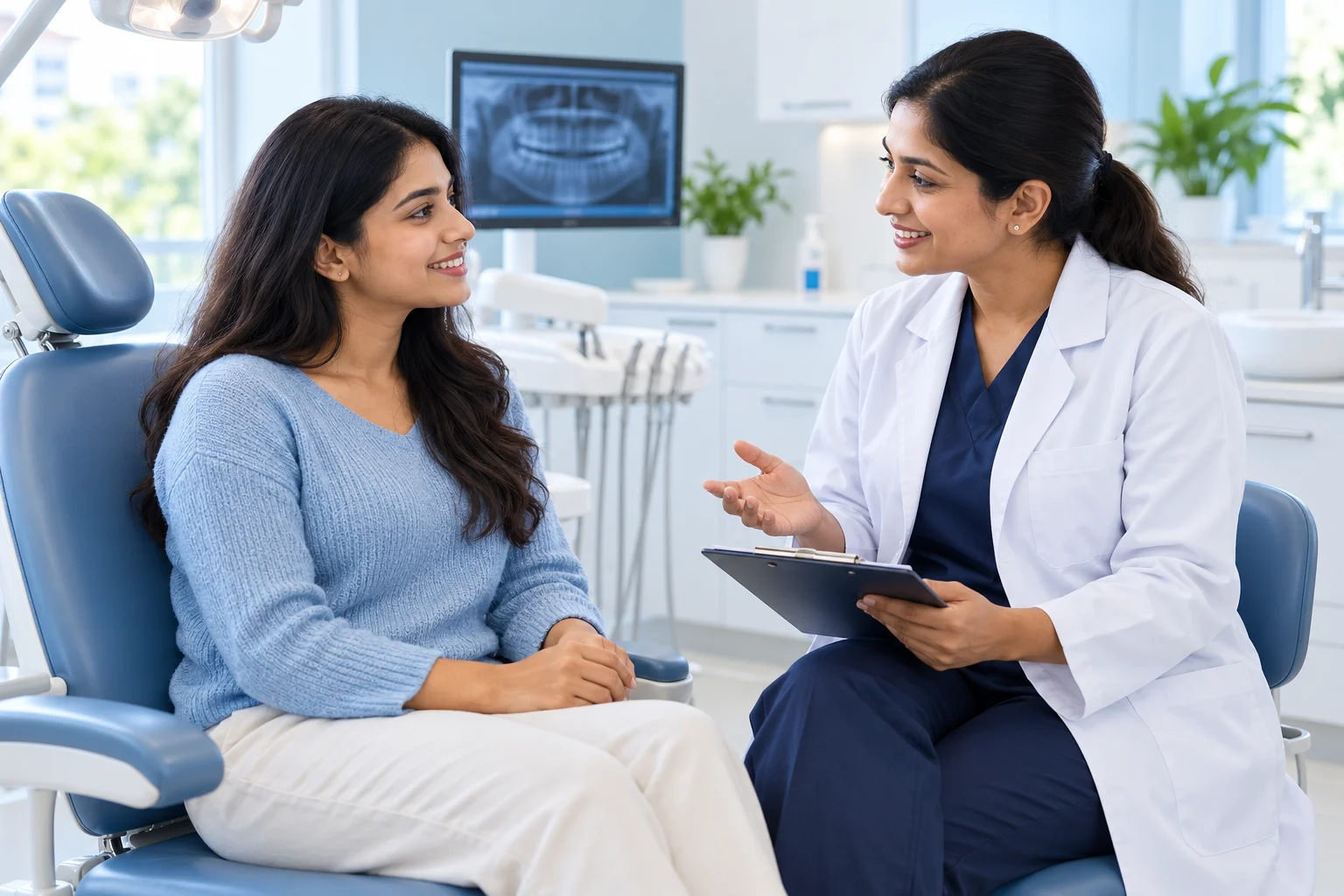 A dentist discussing a first appointment with a patient beside a dental chair.