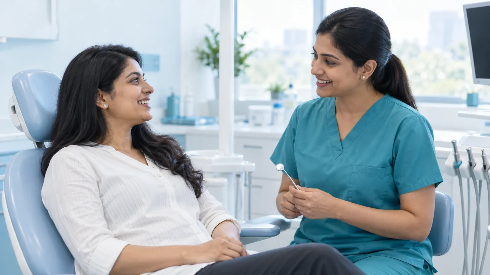 A patient discussing a routine check-up with a dentist in a bright clinic.
