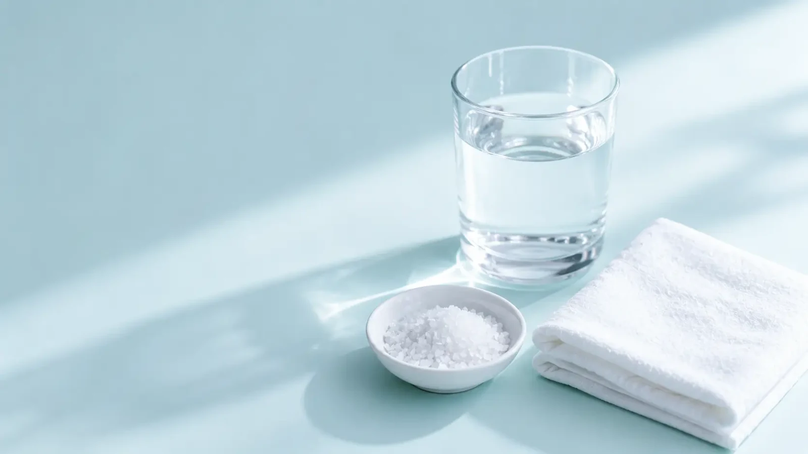 A glass of water beside a small dish of salt and a folded white towel on a pale blue surface.