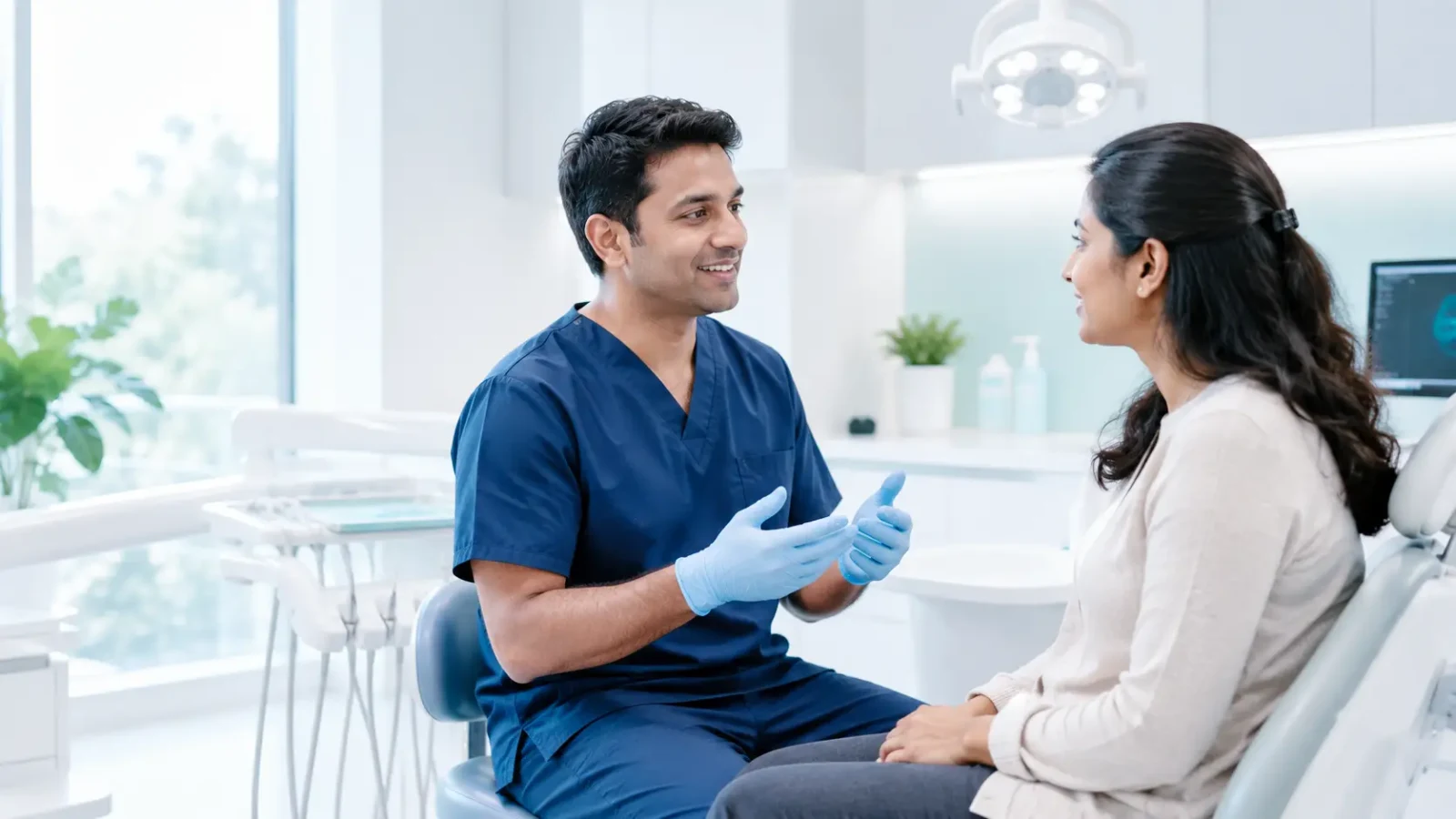 A dentist in blue scrubs talking with a seated patient in a bright modern dental clinic.