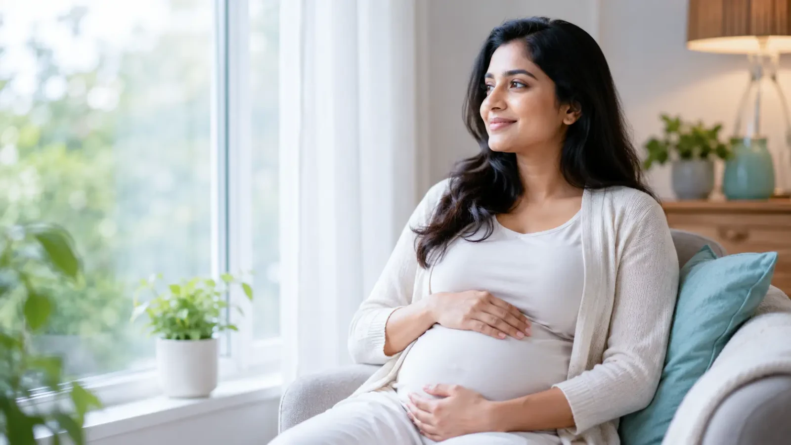 A pregnant woman seated in an armchair by a bright window with her hands resting on her bump.