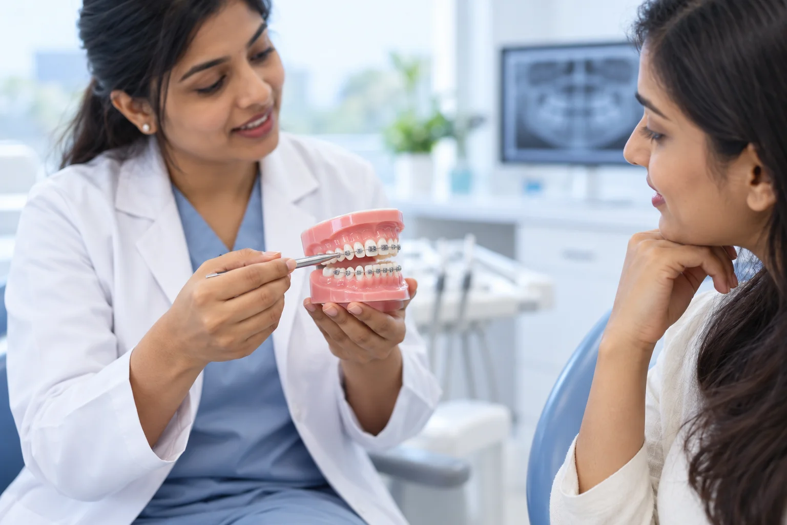 A dentist explaining a model with braces to a patient during a consultation.