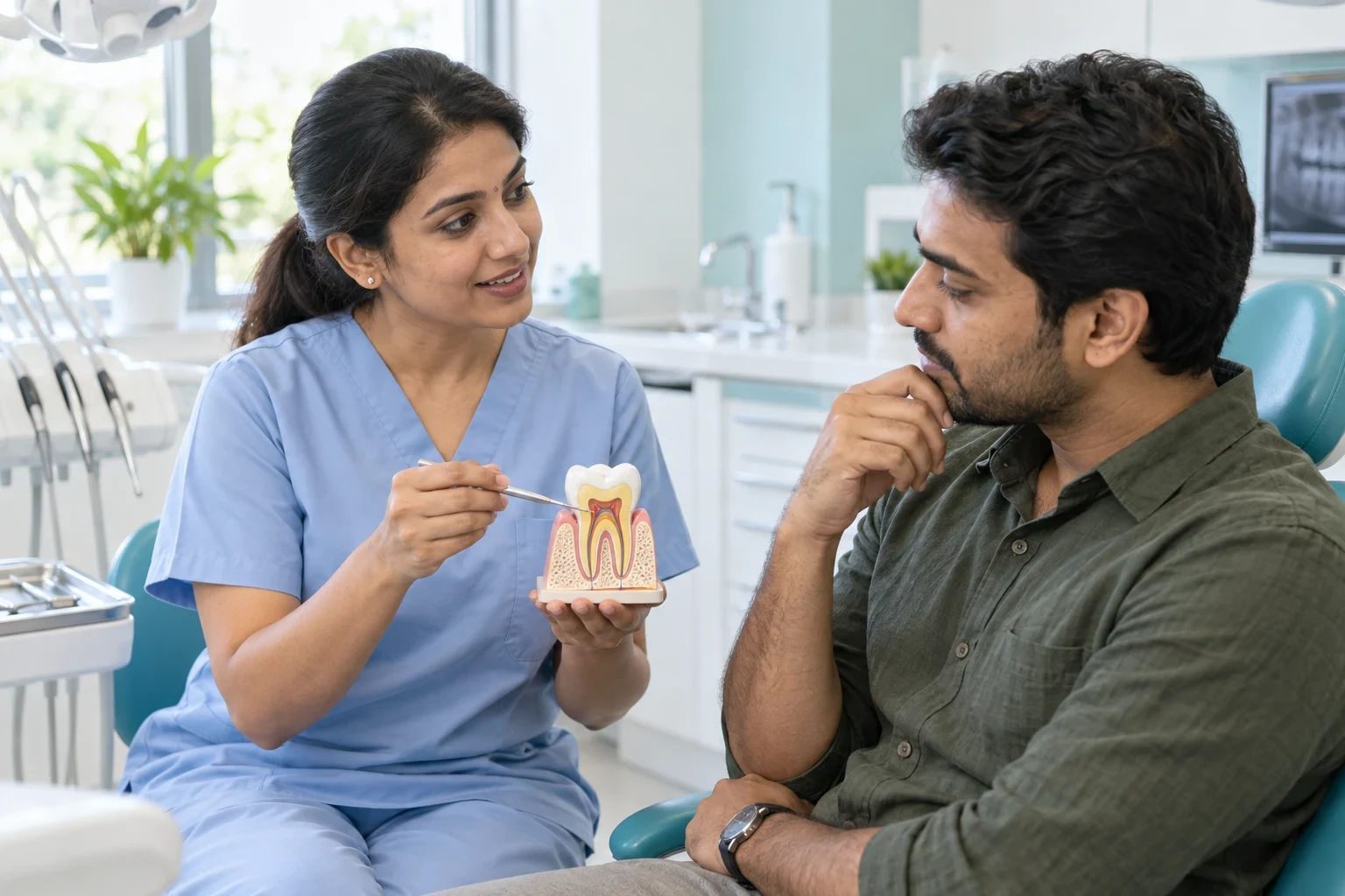 A dentist explaining a tooth model to a patient during a dental consultation.