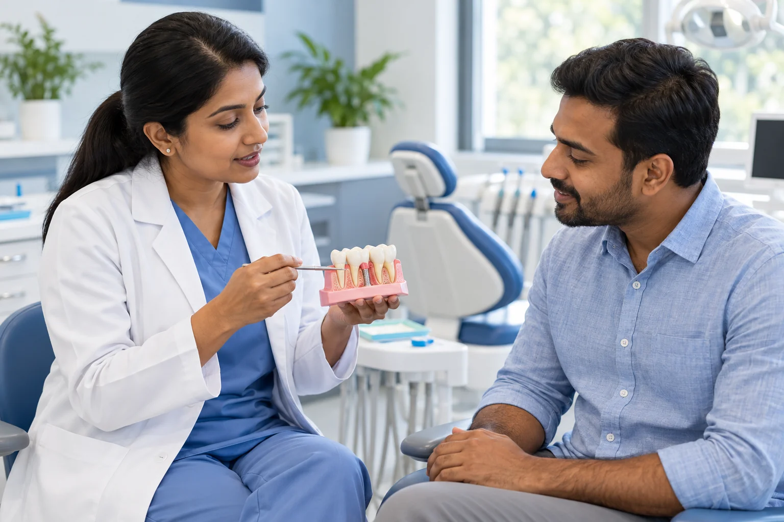 A dentist discusses gum health using a dental model with a patient.