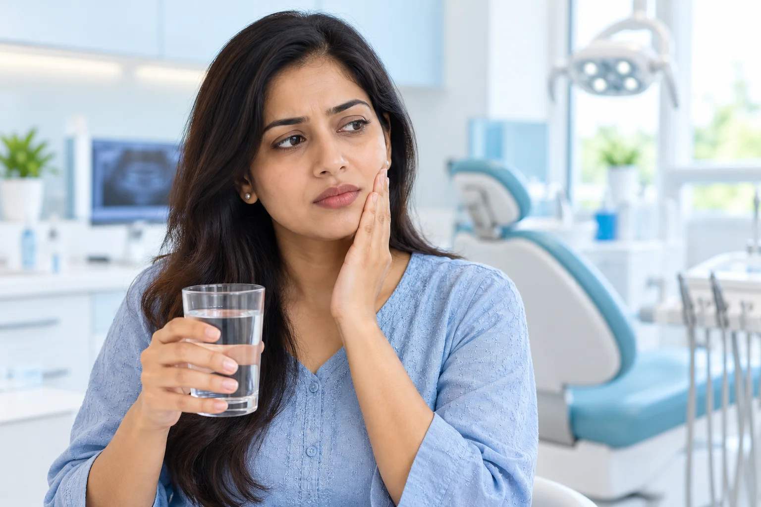 A woman holding a glass of water and lightly touching her cheek in a dental clinic.