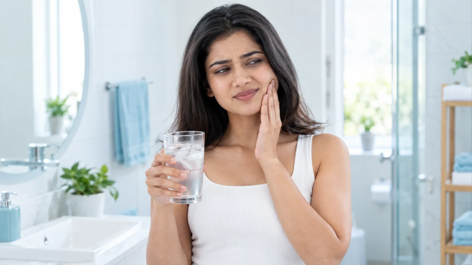 A woman holding cold water and touching her cheek.