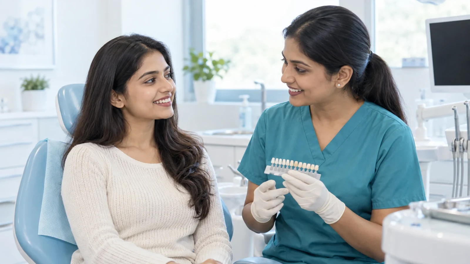 A smiling patient discussing smile treatment with a dentist holding a shade guide.