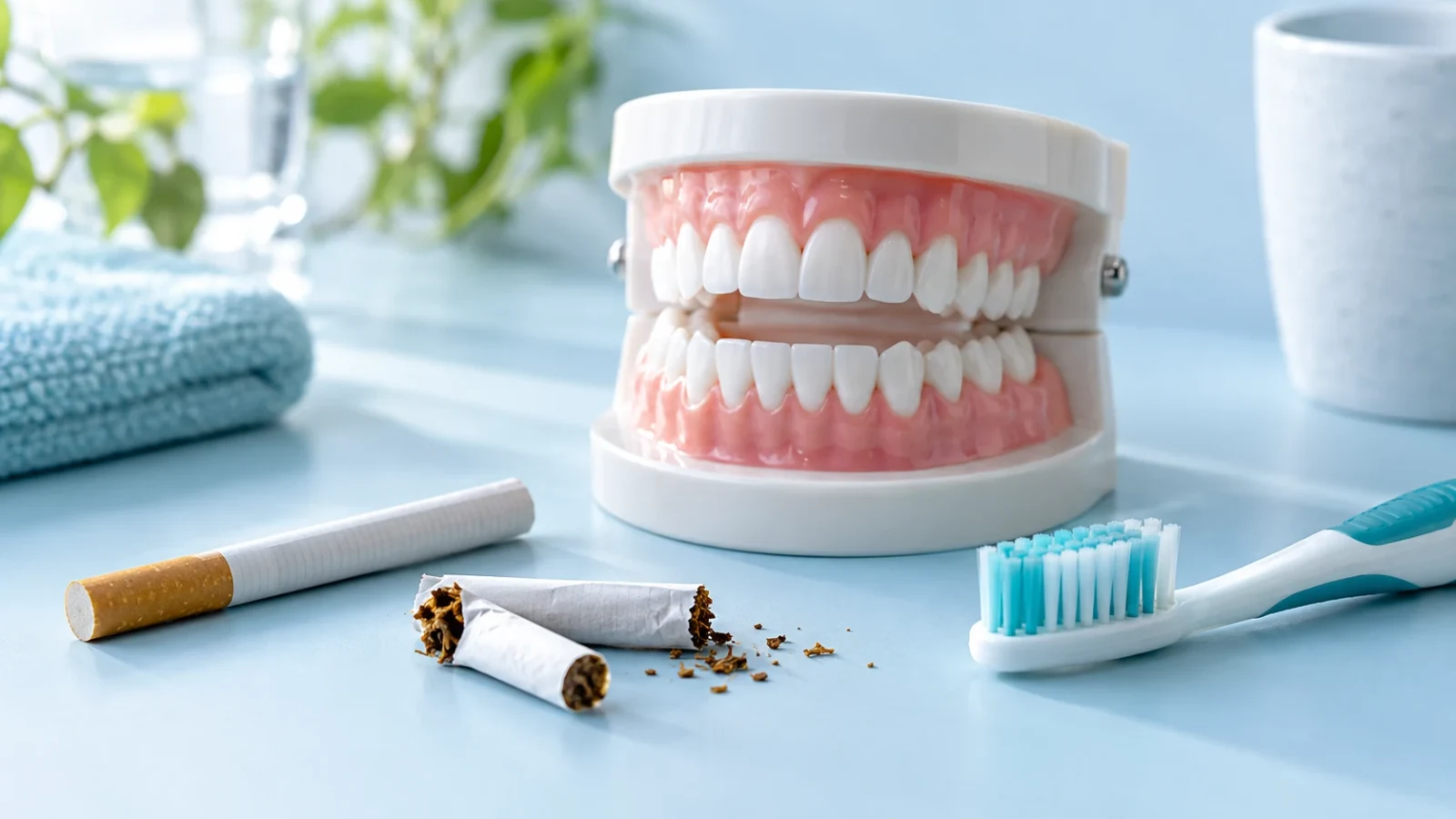 A broken cigarette beside a toothbrush and a dental demonstration model.