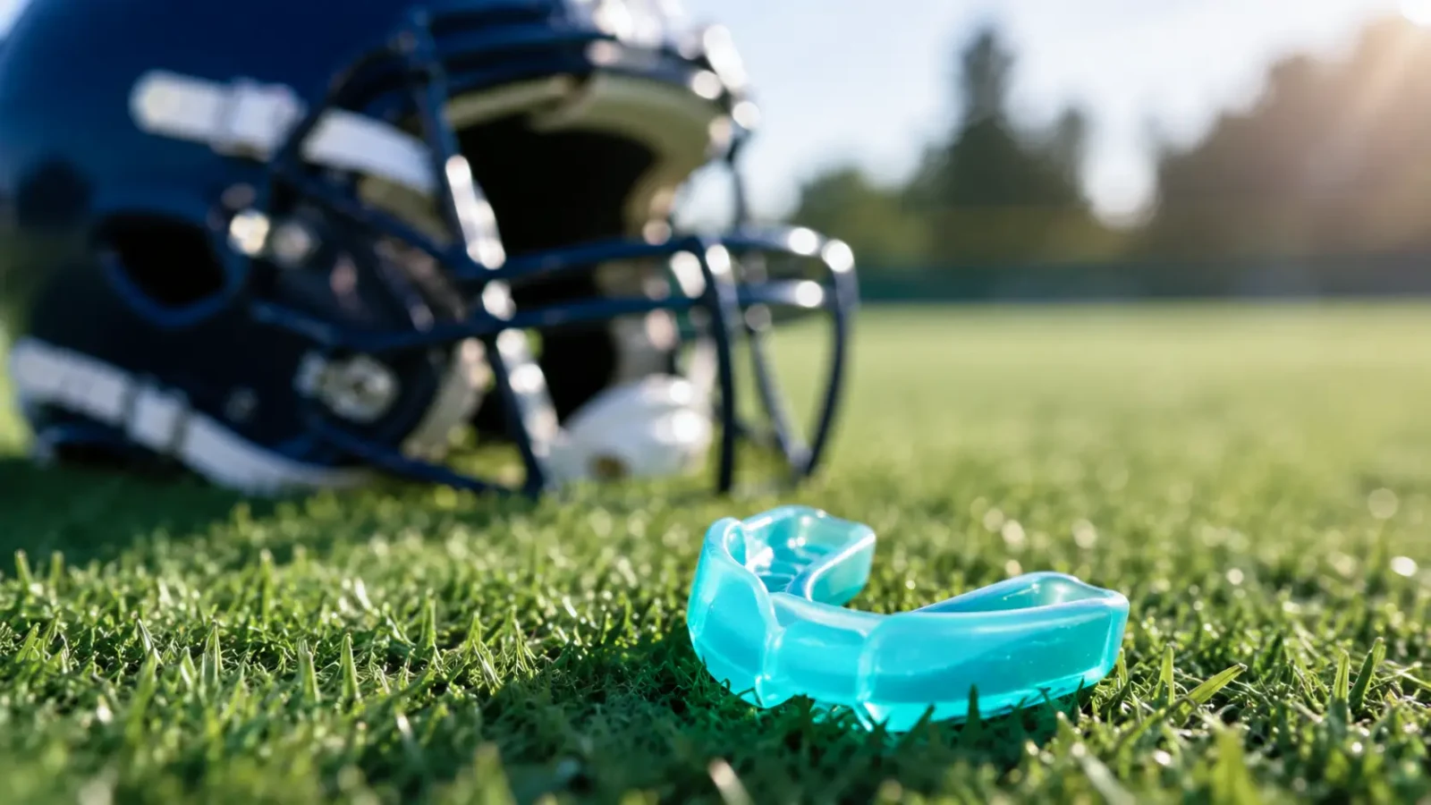 A teal sports mouthguard lying on grass with a navy sports helmet blurred behind it.