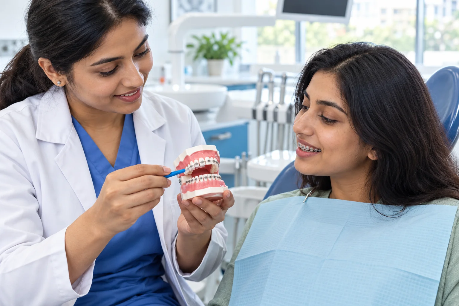 A dentist demonstrates cleaning around braces on a dental model.