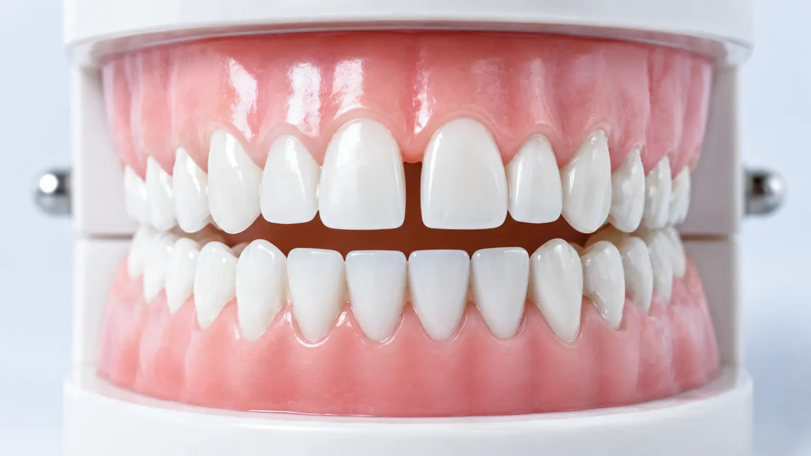 A dental teaching model showing a clear gap between the two upper front teeth.