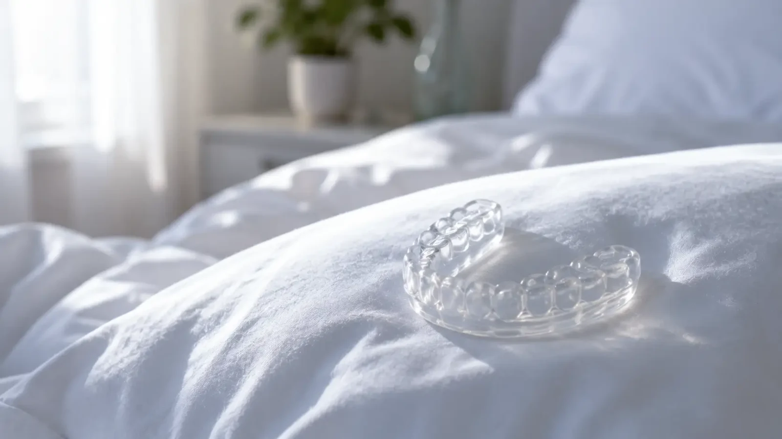 A clear dental night guard resting on white bedding in soft morning light.