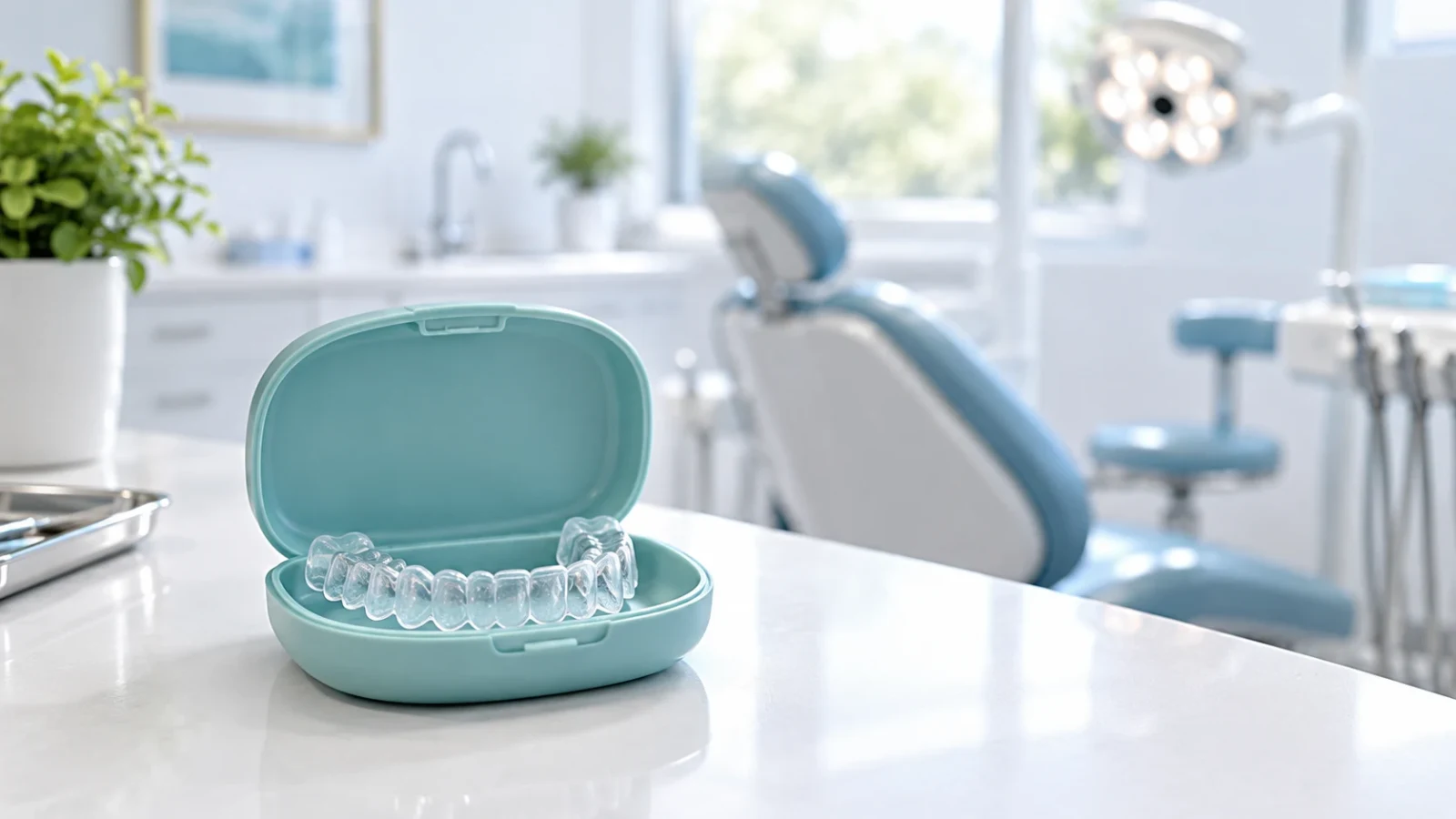 A clear whitening tray in a teal case with a dental chair behind it.