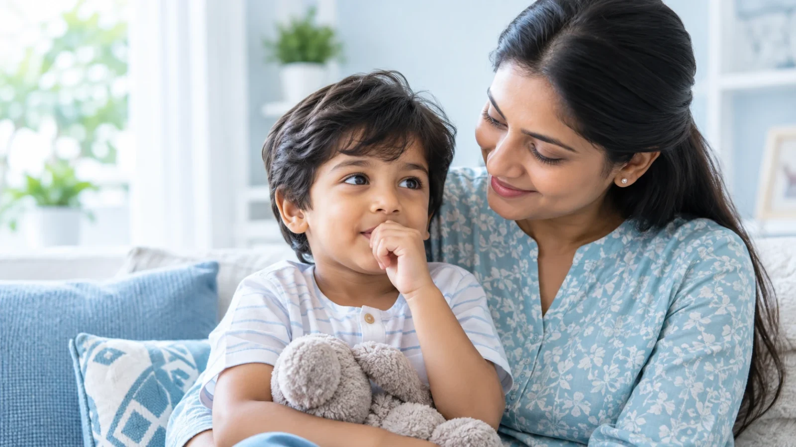 A young child with a thumb near their mouth beside a caring parent.