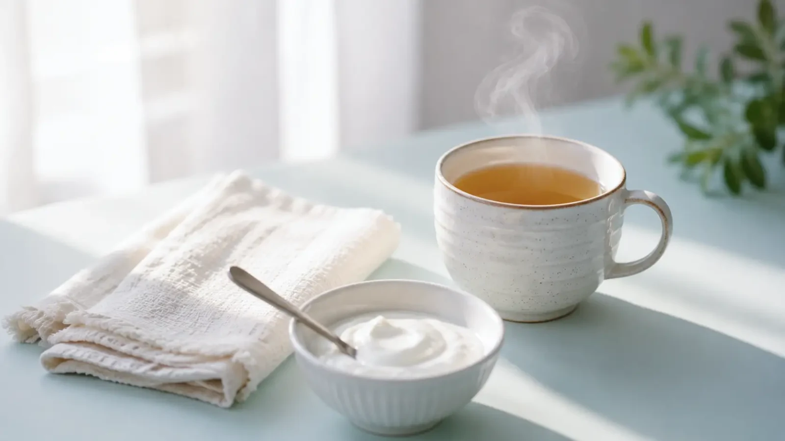 A steaming cup of herbal tea, a folded white cloth and a bowl of yoghurt with a spoon on a pale surface.