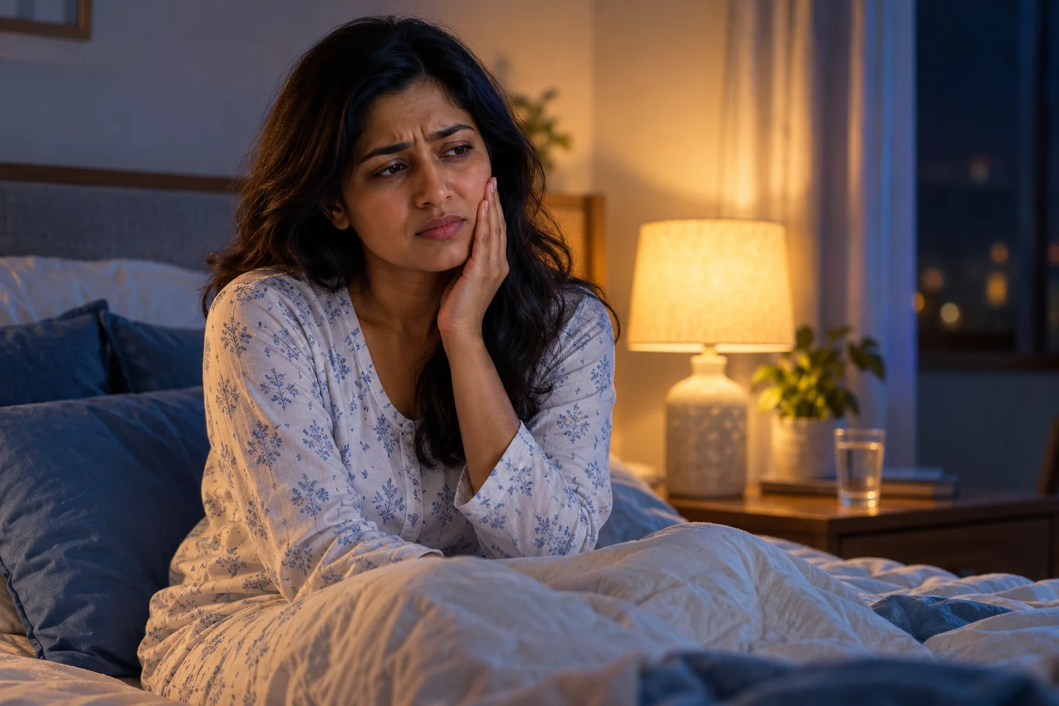 A person sits on a bed at night holding their cheek in discomfort.