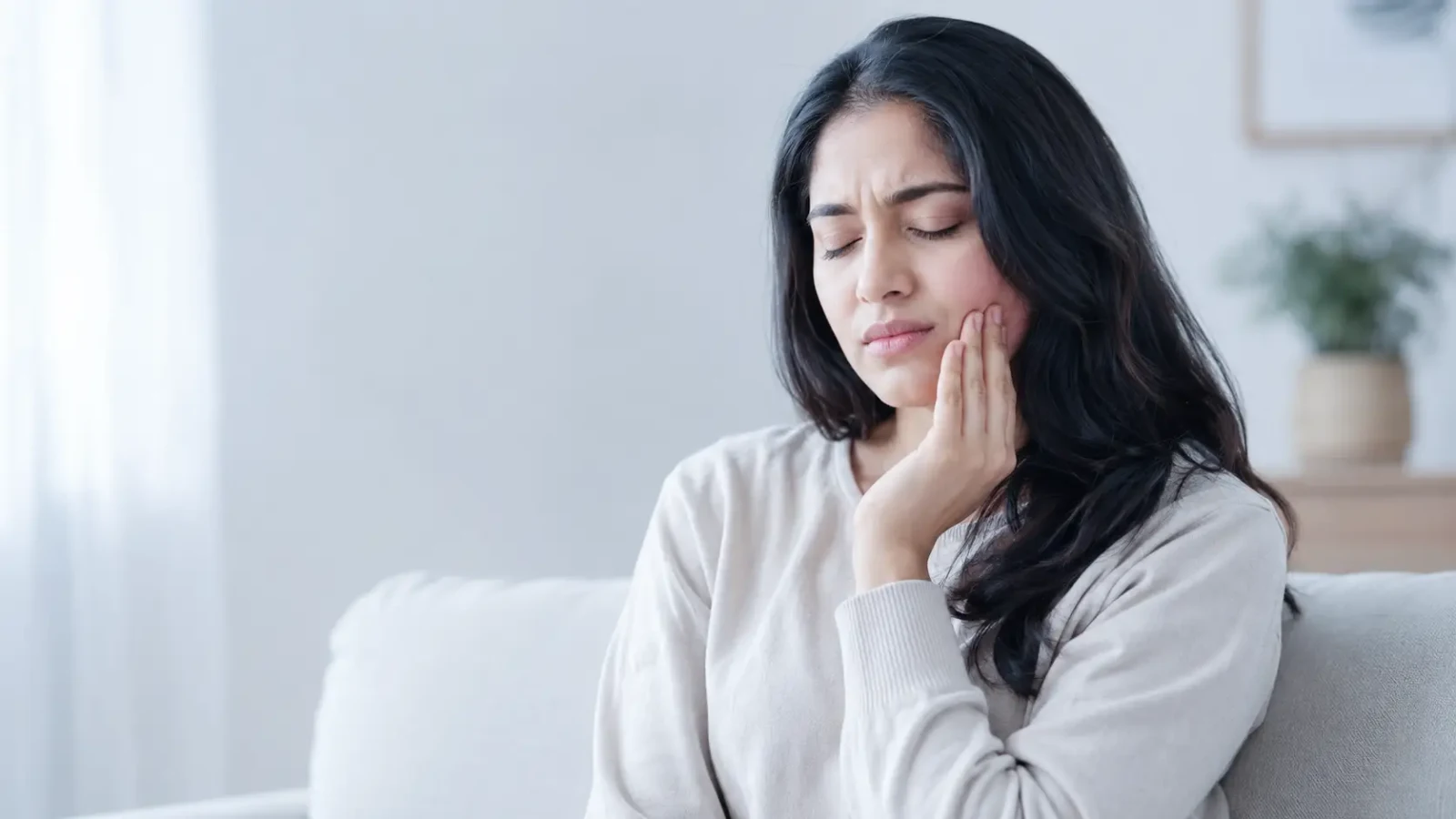 A woman sitting on a sofa with her eyes closed, pressing her hand against her cheek in discomfort.